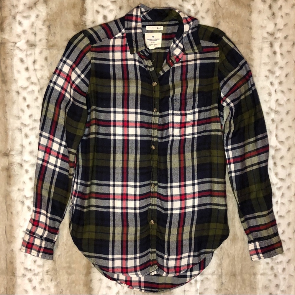 AE Women Oversized Green Plaid Shirt XS